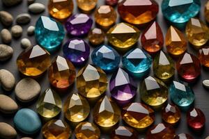 Colorful gemstones on black wooden table, close-up. ai generative photo