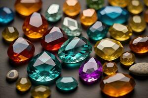 Colorful gemstones on black wooden table, close-up. ai generative photo