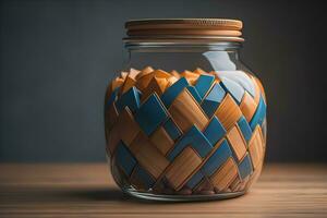 Glass vase with geometric pattern on dark background. Ai generative photo