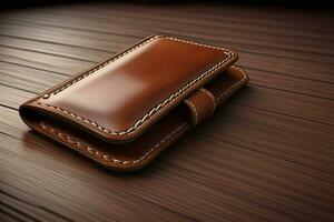 A leather wallet on a wooden background. ai generative photo