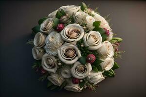 Beautiful bridal bouquet of different flowers on a dark background. ai generative photo