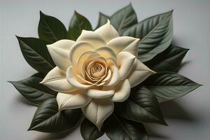 White rose with green leaves on a solid color background, top view. ai generative photo