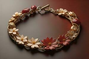 Jewelry Bracelet with precious stones on a gray background. Studio shot. ai generative photo