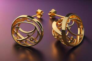 Earrings made of gold on a solid color background close up. ai generative photo