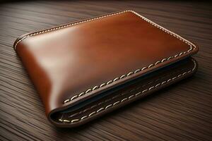 A leather wallet on a wooden background. ai generative photo