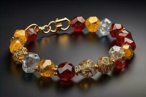 Jewelry Bracelet with precious stones on a gray background. Studio shot. ai generative photo