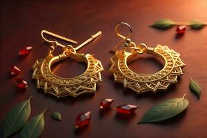 Earrings made of gold on a solid color background close up. ai generative photo