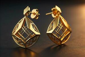 Earrings made of gold on a solid color background close up. ai generative photo