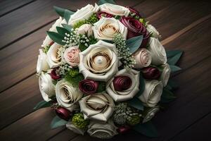 Beautiful bridal bouquet of different flowers on a dark background. ai generative photo