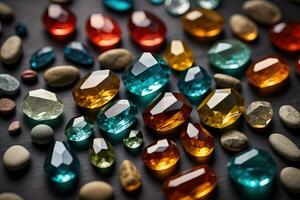 Colorful gemstones on black wooden table, close-up. ai generative photo