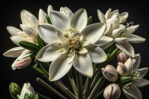 Beautiful white lilies on solid color background, closeup. Floral decor. ai generative photo