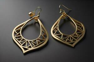 Earrings made of gold on a solid color background close up. ai generative photo