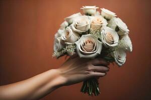 Boda ramo de flores de rosas en el manos de el novia. ai generativo foto