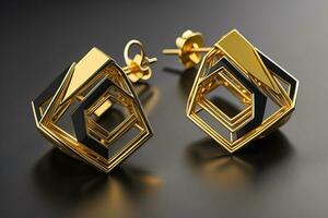 Earrings made of gold on a solid color background close up. ai generative photo