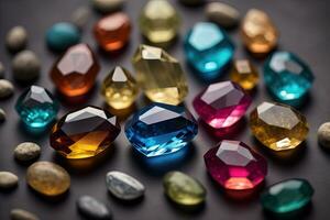 Colorful gemstones on black wooden table, close-up. ai generative photo