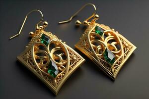 Earrings made of gold on a solid color background close up. ai generative photo