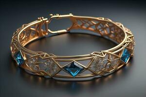 Jewelry Bracelet with precious stones on a gray background. Studio shot. ai generative photo