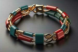 Jewelry Bracelet with precious stones on a gray background. Studio shot. ai generative photo