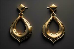 Earrings made of gold on a solid color background close up. ai generative photo