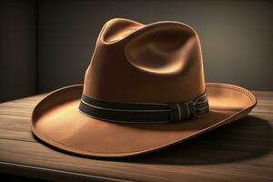 Cowboy hat on a wooden table. ai generative photo