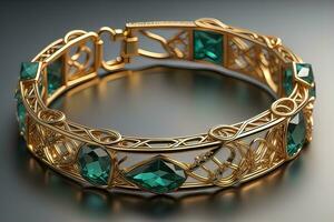 Jewelry Bracelet with precious stones on a gray background. Studio shot. ai generative photo