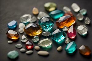 Colorful gemstones on black wooden table, close-up. ai generative photo