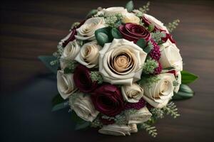 Beautiful bridal bouquet of different flowers on a dark background. ai generative photo