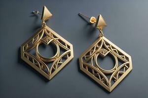 Earrings made of gold on a solid color background close up. ai generative photo