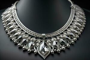 Silver necklace on a solid color background in close-up. ai generative photo