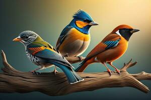 Vector illustration of a group of colorful birds sitting on a branch. ai generative photo