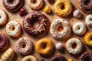 Variety of donuts on a solid color background. Top view. ai generative photo