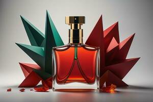 Creative and brandless Perfume bottle and flower on the wooden table, closeup. ai generative photo