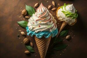 Ice cream in waffle cone on blue background, top view, flat lay. ai generative photo