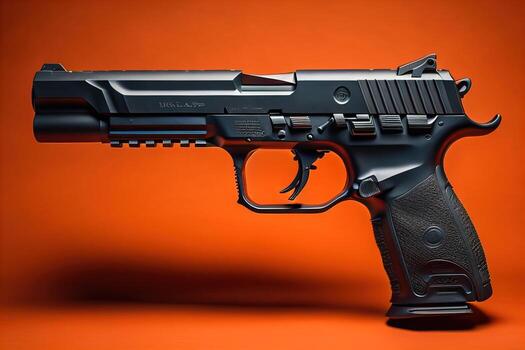 Semi-automatic handgun on a solid color background. Close-up. ai generative photo