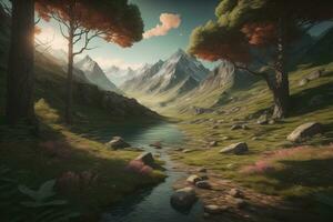 Beautiful fantasy landscape with a river in the mountains. ai generative photo