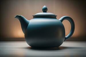 A ceramic teapot on a colid color background. ai generative photo