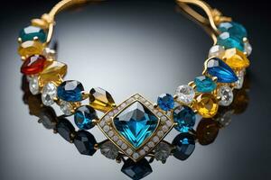 necklace on a black background with a lot of jewelry precious stones. ai generative photo