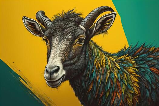 Head of a goat with big horns. ai generative photo