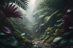 A pathway in tropical rainforest with palm trees and path in the mist. ai generative photo