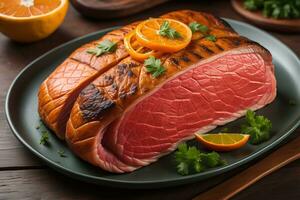 Raw beef sirloin steak with ingredients for cooking on wooden background. ai generative photo