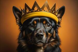 Portrait of a cute dog in a golden crown on a solid color background. ai generative photo