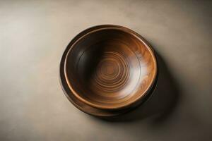 Empty wooden bowl on wooden background. Top view. Copy space. ai generative photo
