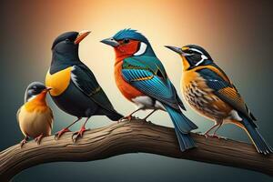 Vector illustration of a group of colorful birds sitting on a branch. ai generative photo