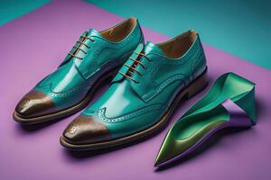 Men's shoes on a solid colour background. Studio shot. ai generative photo