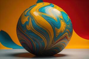 Colorful marble ball on a solid colour background. Close-up. ai generative photo