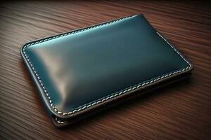 A leather wallet on a wooden background. ai generative photo