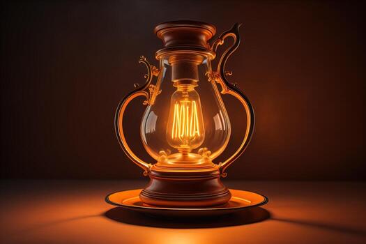 Lantern on a wooden table and a dark background. ai generative photo