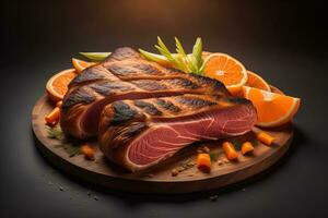 Raw beef sirloin steak with ingredients for cooking on wooden background. ai generative photo