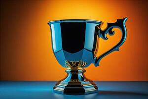Golden trophy cup on wooden table. Award concept. ai generative photo