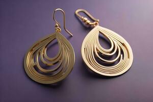 Earrings made of gold on a solid color background close up. ai generative photo